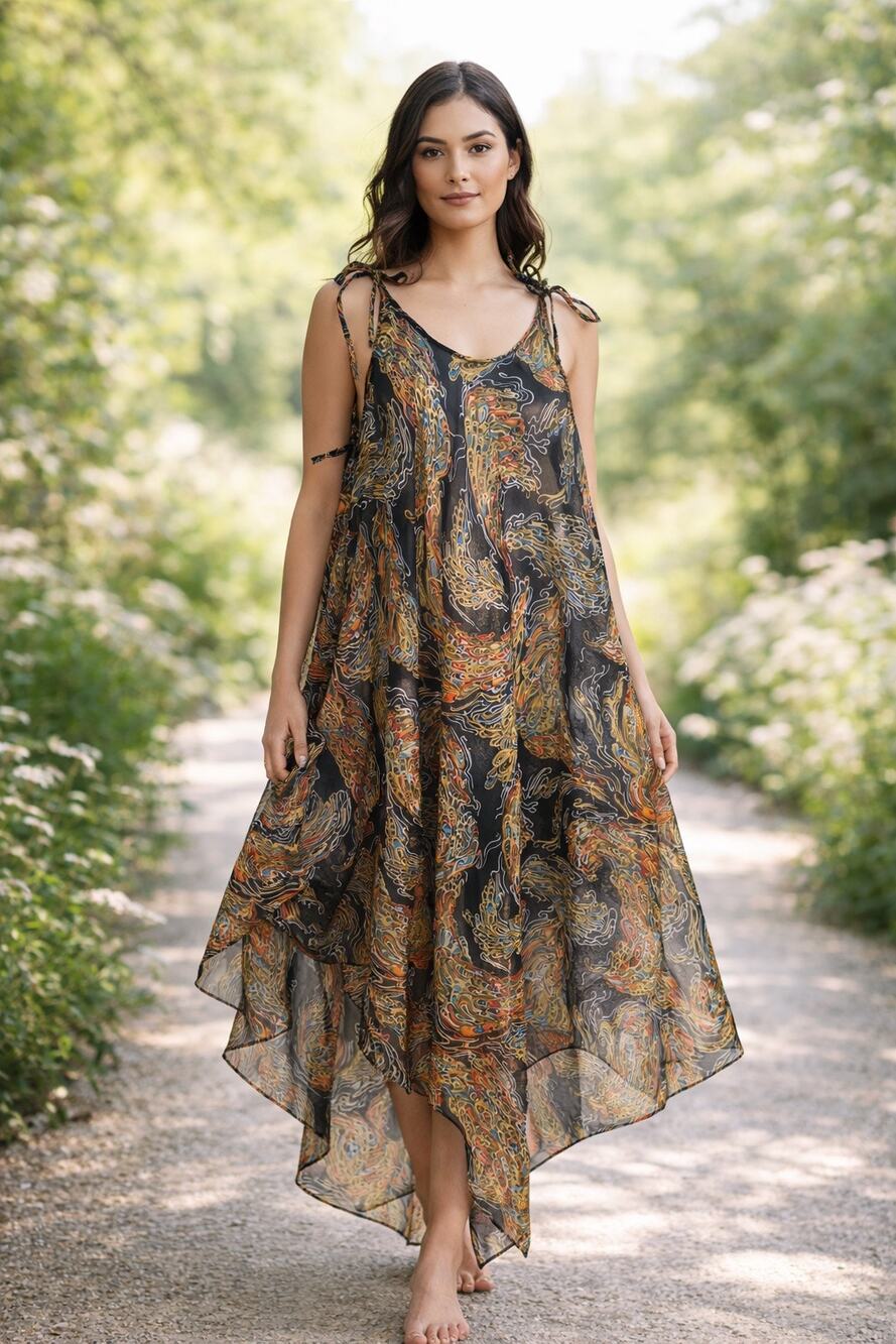 VTG Darling Debs‎ Ruth Eib Sheer Chiffon Overlay Dress Psychedelic Peacock OS